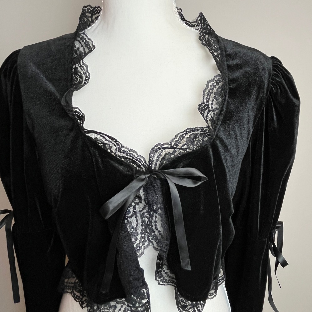 Romwe Black Velvet Lace Trim Shrug Bolero Puff Sleeve Ribbon Tie XL US 12